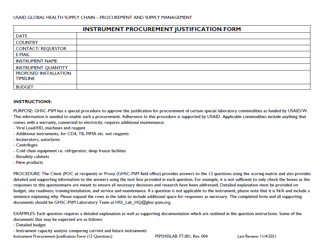 Instrument Procurement Justification Form USAID Global Health Supply